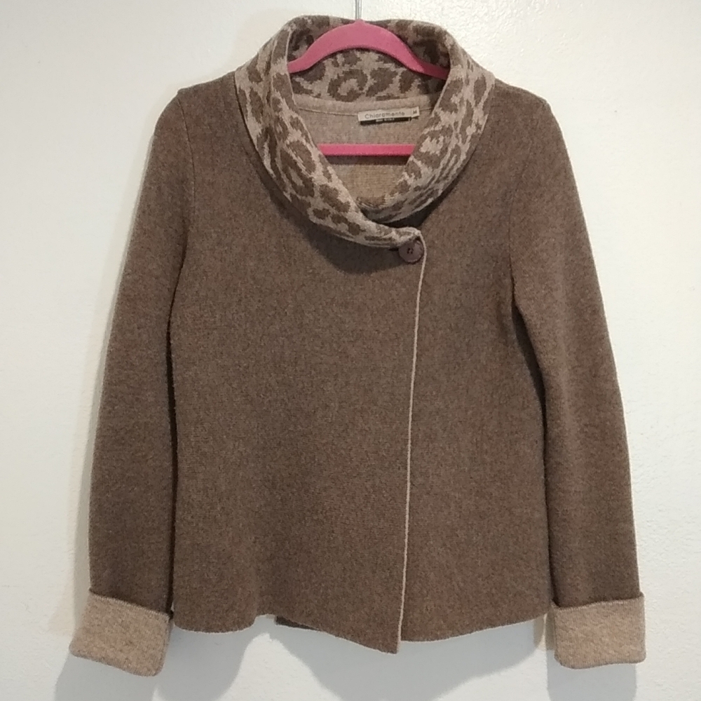 Made In Italy Women's Wool Blend Sweater Wrap with Leopard Print Collar Size M